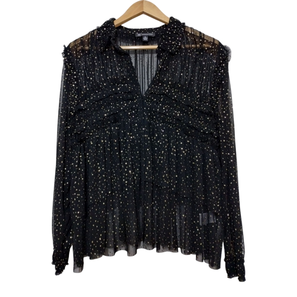 International Concepts Women's L Sparkly Blouse Ruffle Sheer Long Sleeve Collar - Picture 2 of 6